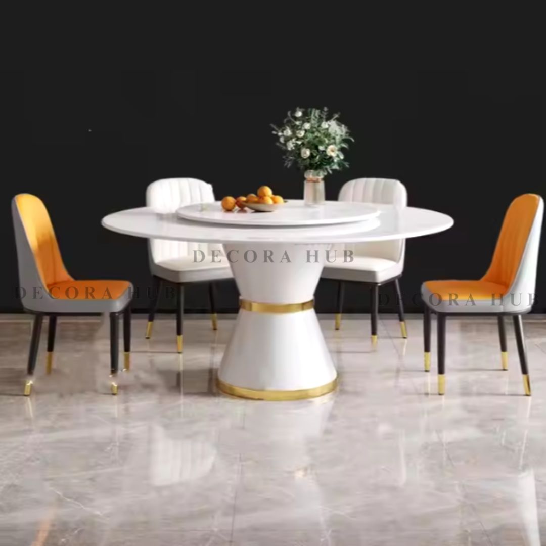 Dining Table With White Round Marble Top 
