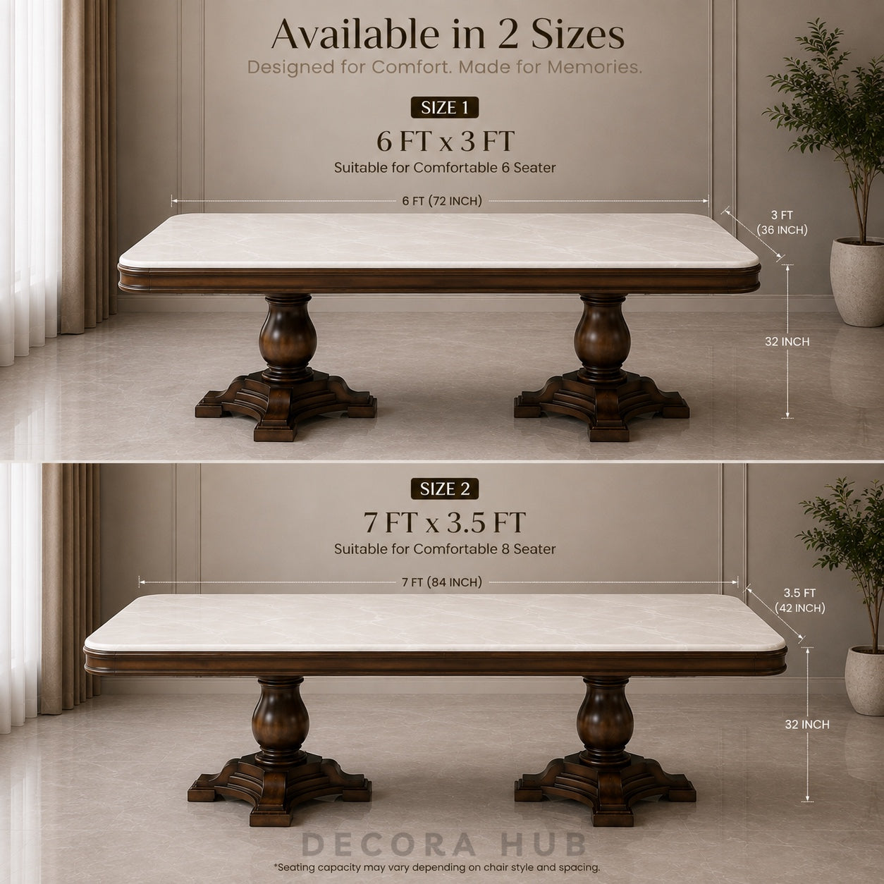 A dining table shown in a split comparison of two sizes: Size 1 is 6 feet by 3 feet, and Size 2 is 7 feet by 3.5 feet.