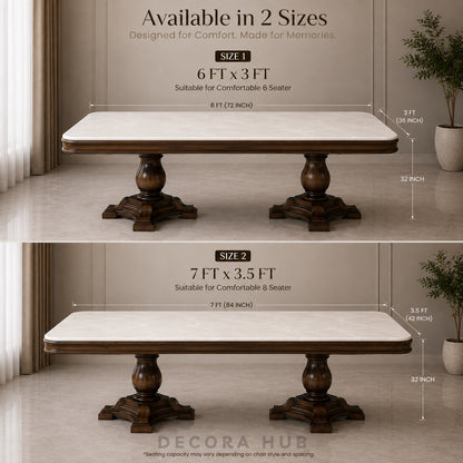 A dining table shown in a split comparison of two sizes: Size 1 is 6 feet by 3 feet, and Size 2 is 7 feet by 3.5 feet.