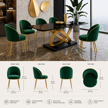 Six-piece dining set featuring emerald green quilted velvet chairs with gold legs, shown around a black marble dining table with a gold base. The image includes front, side, back, and top views with dimensions, and feature icons at the bottom.