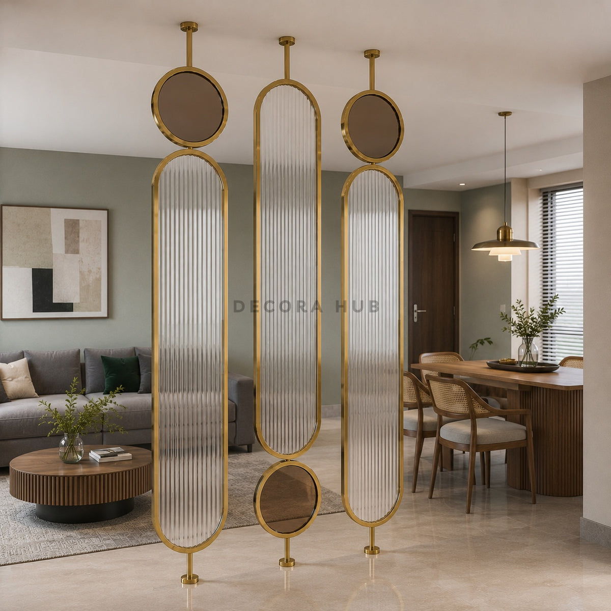 Golden Fluted Metal Partition for Living and Dining Room