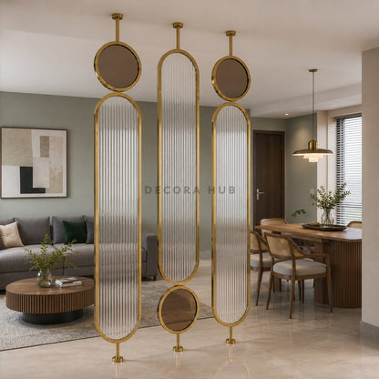 Golden Fluted Metal Partition for Living and Dining Room
