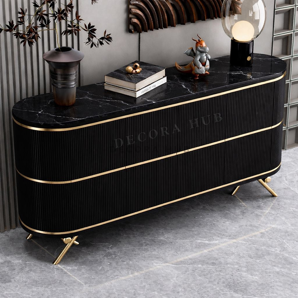 Black Entryway Wooden console table with Black Marble top and Golden legs