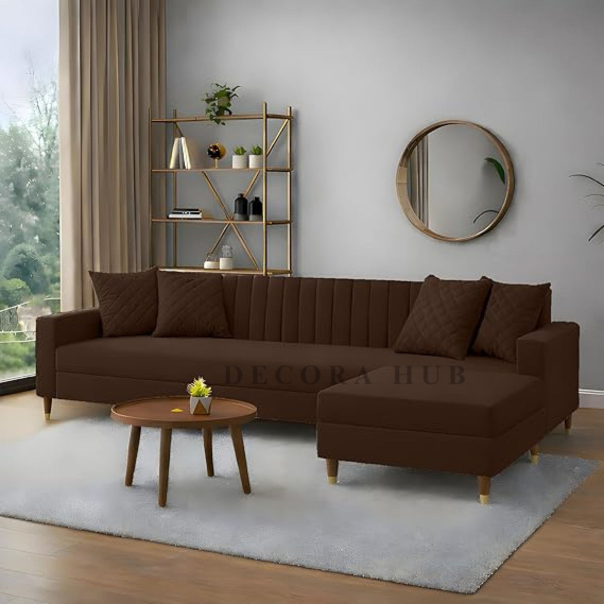 The Serene Arc Luxury L Shape Sofa In Brown, curved velvet sectional