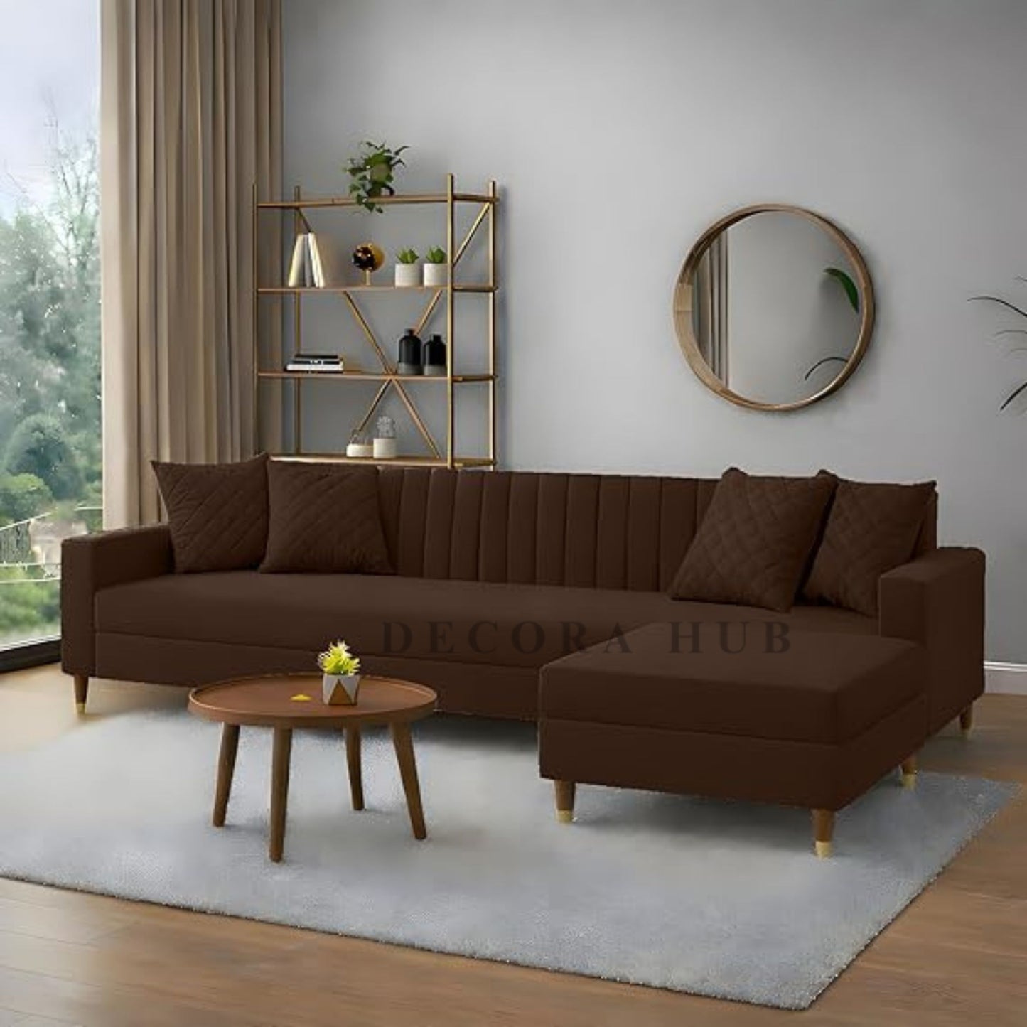 Elegant 4 Seater Sofa In Brown With Polished Wooden Legs