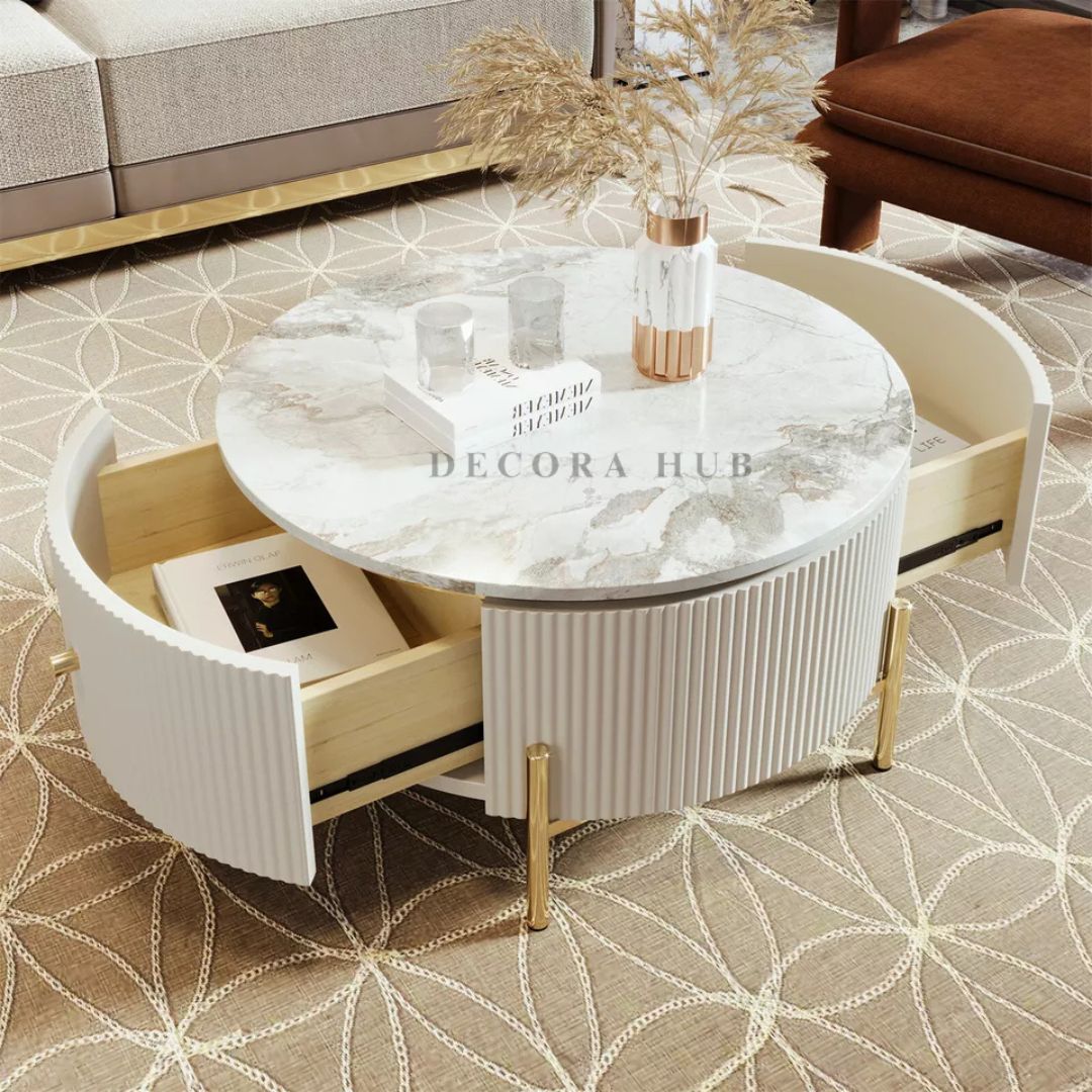 Elegant White Round Center Table with Faux Marble Top