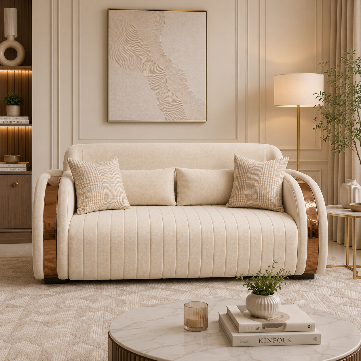 Beige sofa in a stylish living room with decor elements.