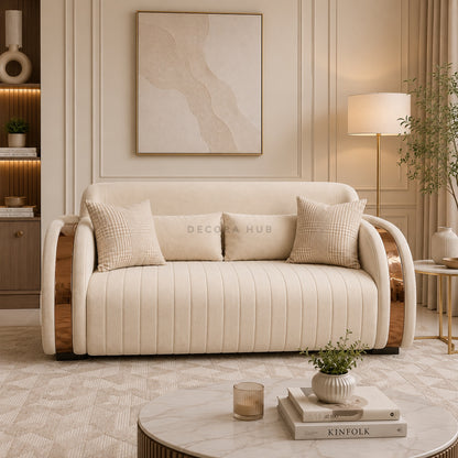 Beige sofa in a stylish living room with decor elements.