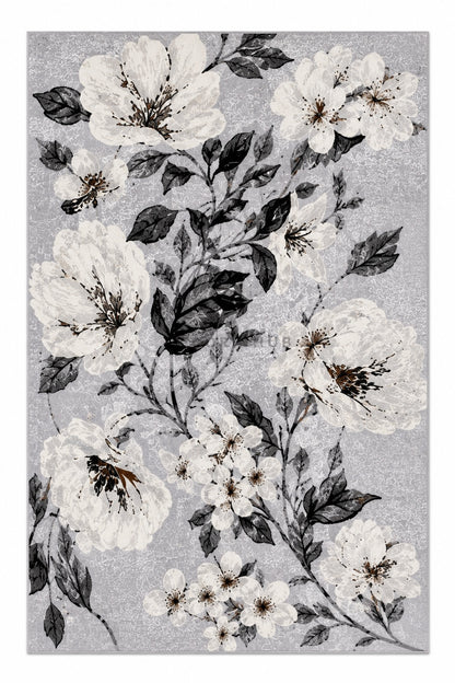 Floral Loom Grey & Charcoal Carpet for Living Room – grey, charcoal and white floral area carpet by DecoraHub (view 3)