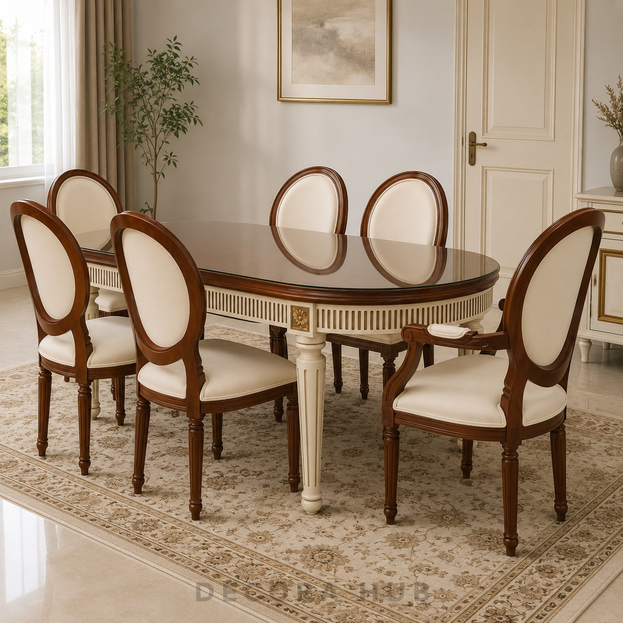 An elegant dining room set featuring a dark wood oval table with a glossy top and a cream-colored pedestal base, surrounded by six matching chairs with cream upholstered seats and backs, set on a patterned area rug.