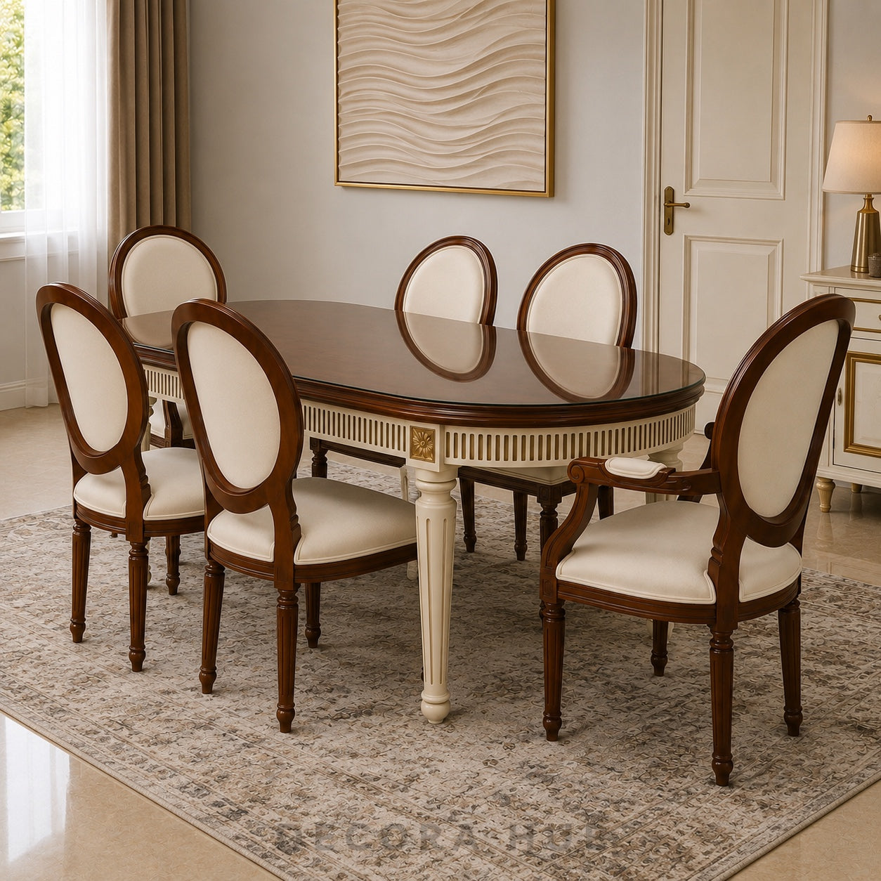 An elegant oval dining table with a glossy dark wood finish and cream-colored pedestal legs, surrounded by six matching high-back chairs with cream upholstered seats and backs, set on a patterned area rug in a classic dining room.