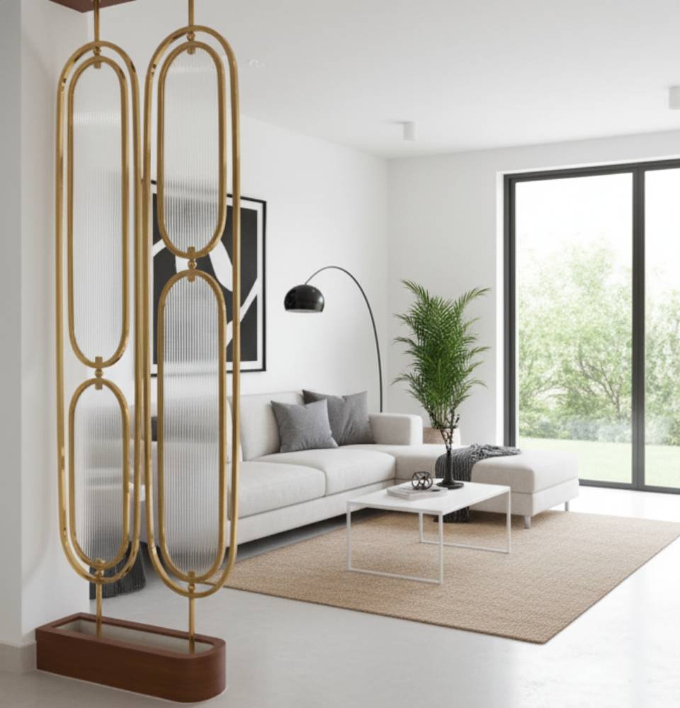 Golden Fluted Glass and Stainless Steel PVD Partition for Room