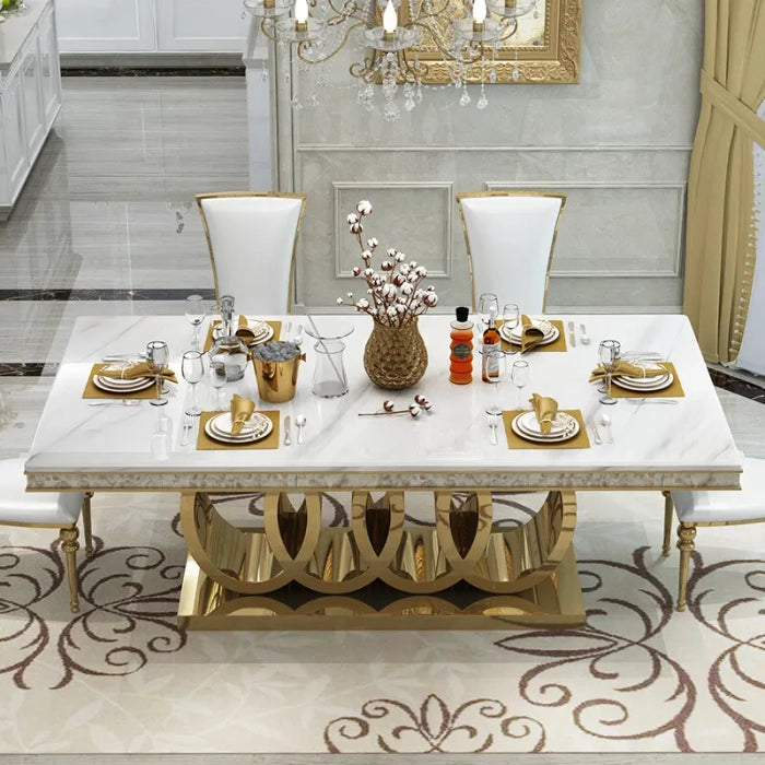 Glossy Golden Base Dining Table With White Marble Top