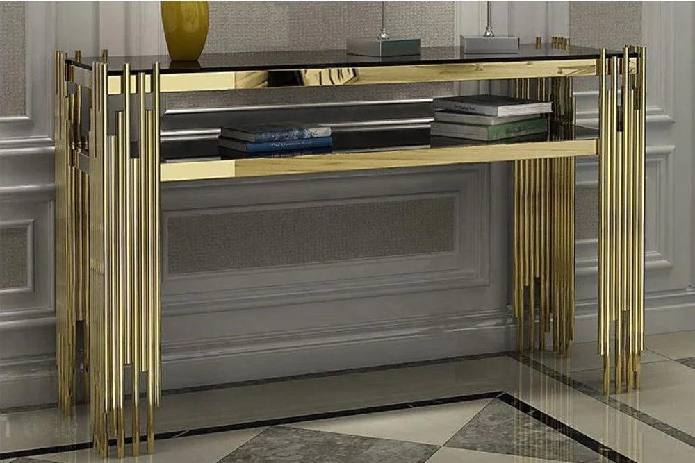 Golden Console Table With Black Glass On Top - image 2