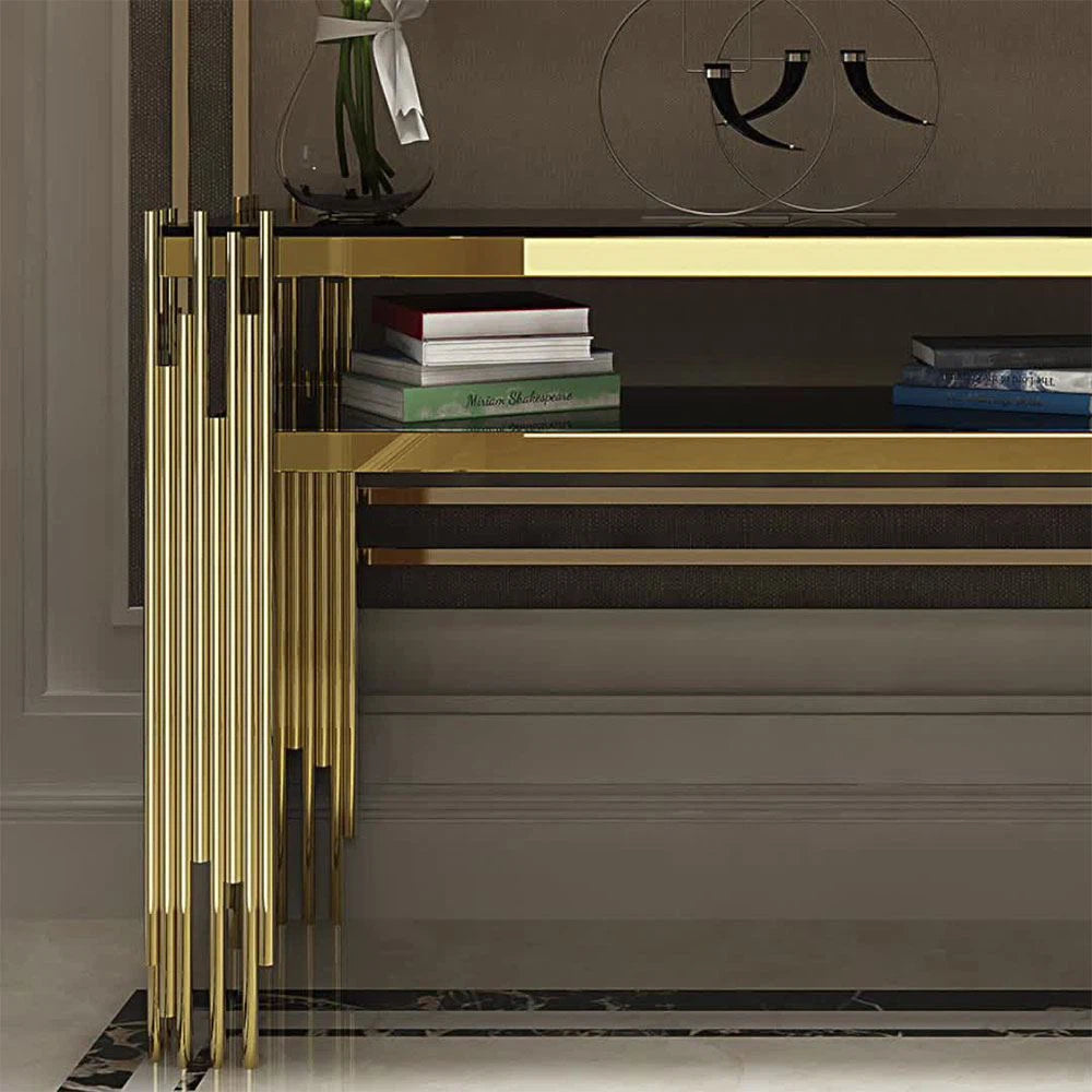 Golden Console Table With Black Glass On Top - image 3