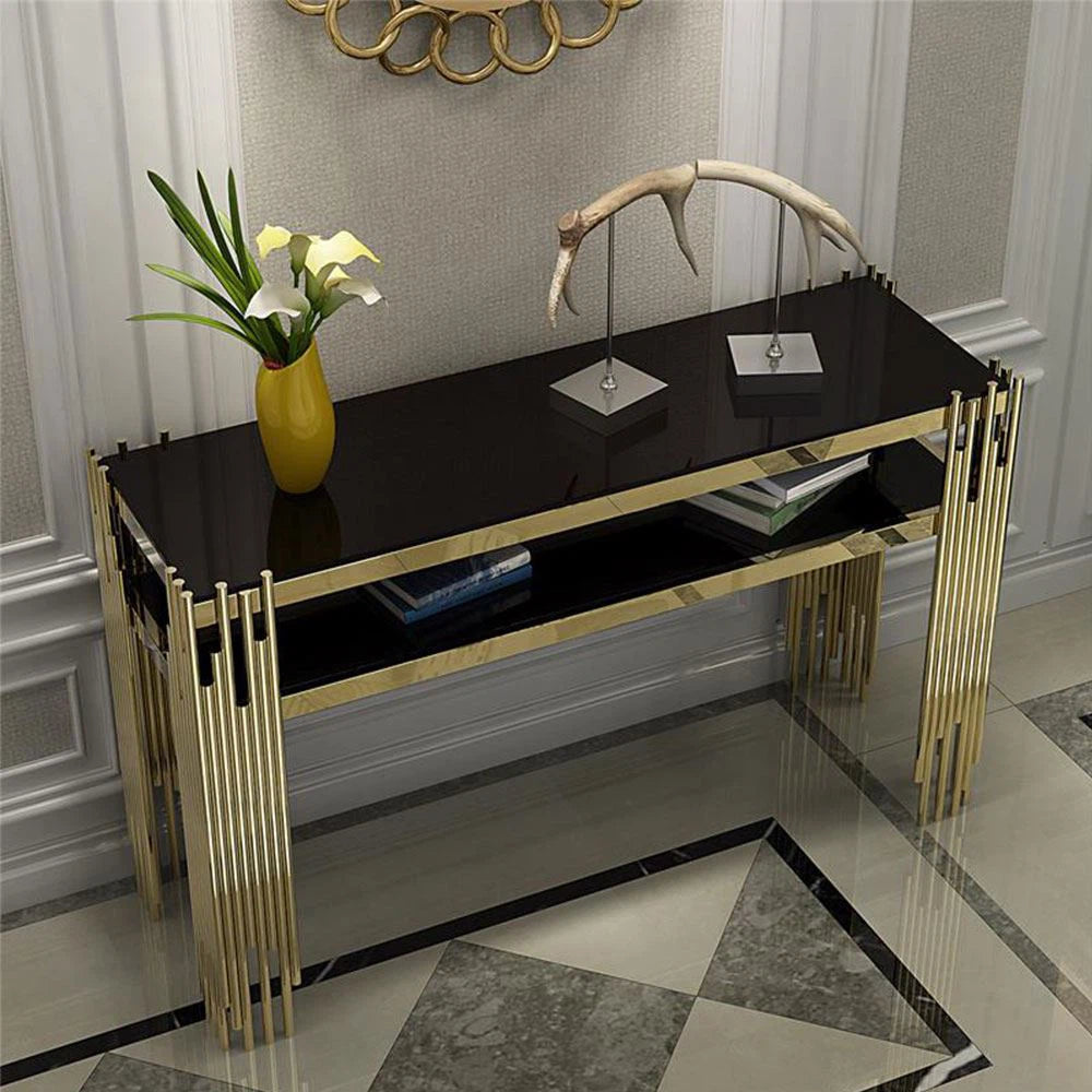 Golden Console Table With Black Glass On Top