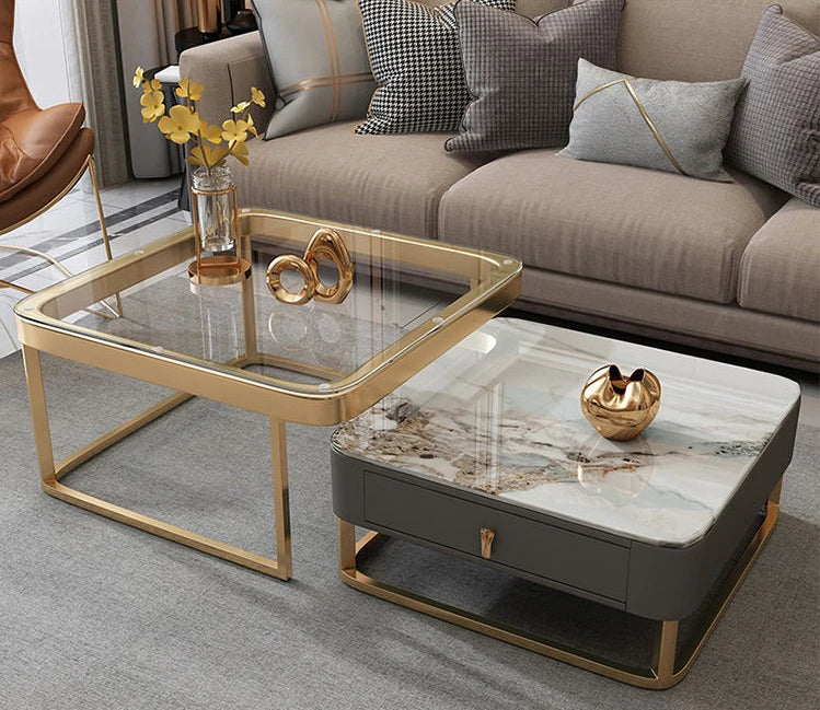 Golden Frame Top Glass And Marble Luxurious Coffee Table – gold frame marble glass nesting table by DecoraHub