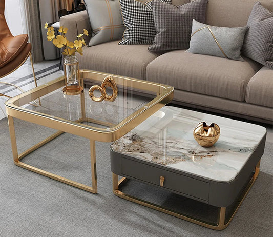 Golden Frame Top Glass And Marble Luxurious Coffee Table – gold frame marble glass nesting table by DecoraHub