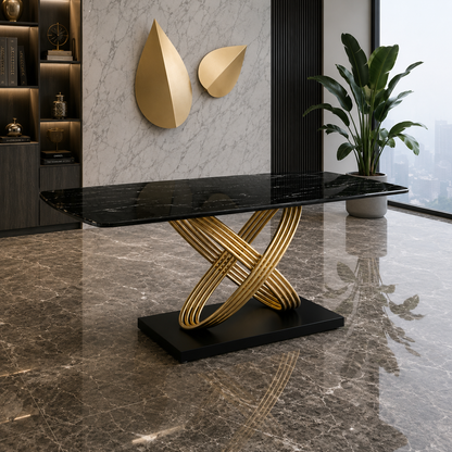 A modern dining table with a glossy black marble-look rectangular top and an ornate interwoven gold metal base on a black pedestal, shown in a luxury interior setting.