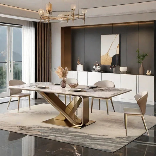 Modern dining room with a marble table and chairs in a stylish interior.