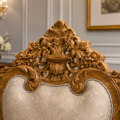 Decorative wooden headboard with intricate carvings in a room setting.