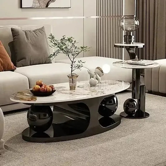 Italian Marble Double Ball Black Base Marble Top Coffee Table
