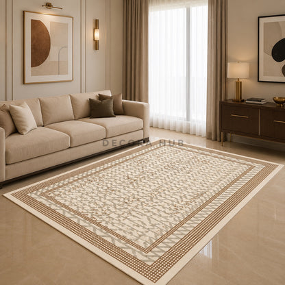 Azura Beige & Blue Turkish Frame Carpet for Living Room – beige, light grey and blue geometric area carpet by DecoraHub