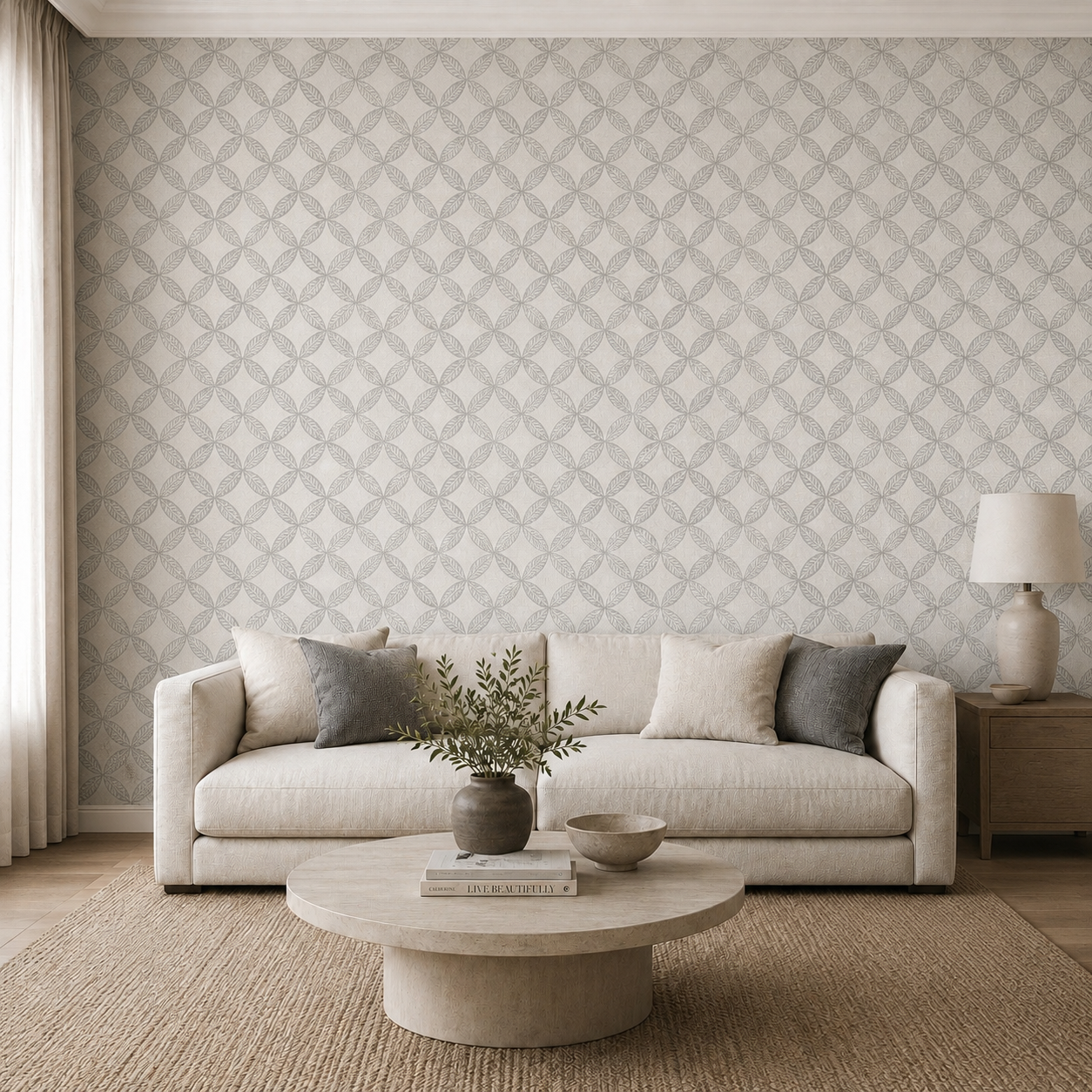 Ivory Ogee Leaf Lattice Wallpaper 1