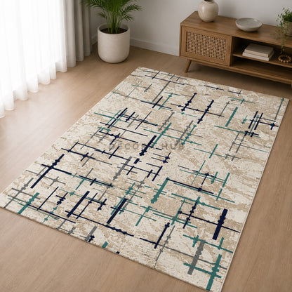 Linear Mesh Beige & Teal Geometric Carpet for Living Room – beige, ivory and teal geometric area carpet by DecoraHub
