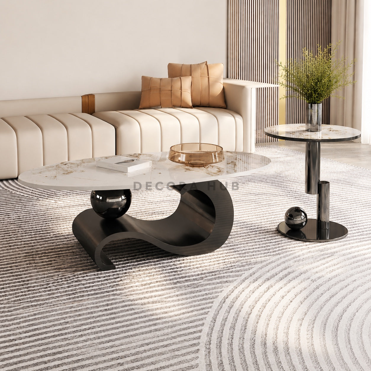 Modern living room with a stylish coffee table and decorative elements.