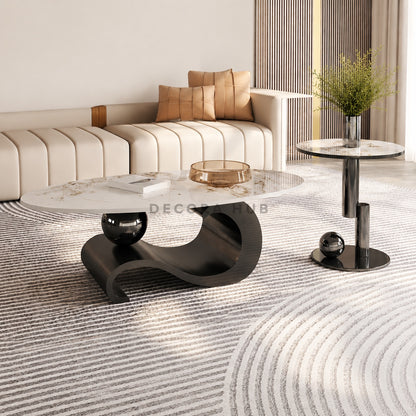 Modern living room with a stylish coffee table and decorative elements.