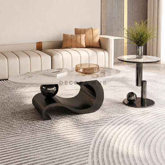 Modern living room with a stylish coffee table and decorative elements.