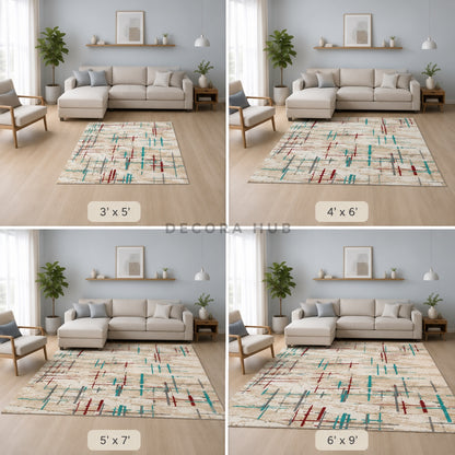 Linear Luxe Beige & Teal Geometric Carpet for Living Room – beige, teal and wine red geometric area carpet by DecoraHub (view 3)
