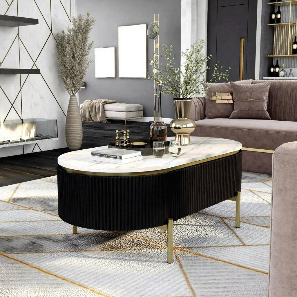 Luxury 40-Inch White Marble Center Table with Golden SS304 PVD Coated Base