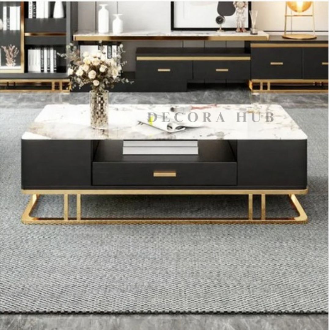 Luxury 47-Inch White Marble Center Table with Golden SS304 PVD Coated Base