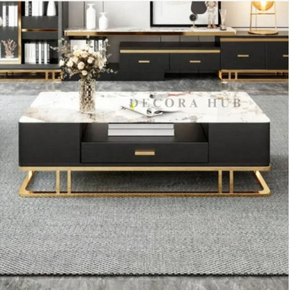 Luxury 47-Inch White Marble Center Table with Golden SS304 PVD Coated Base