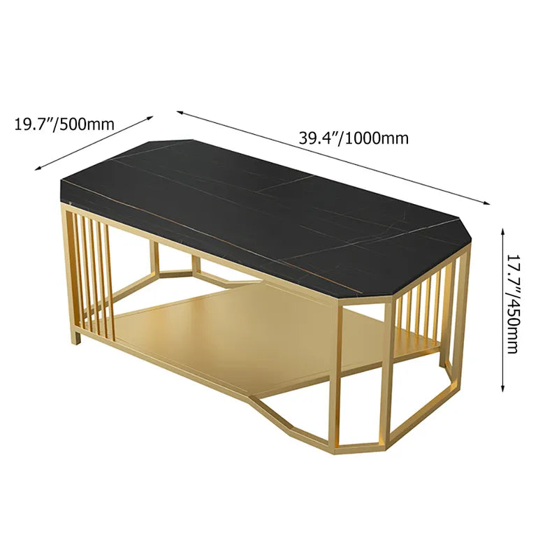 Luxury Black & Gold Designer Coffee Table – 2-Tier Rectangular Center Table with Marble Top
