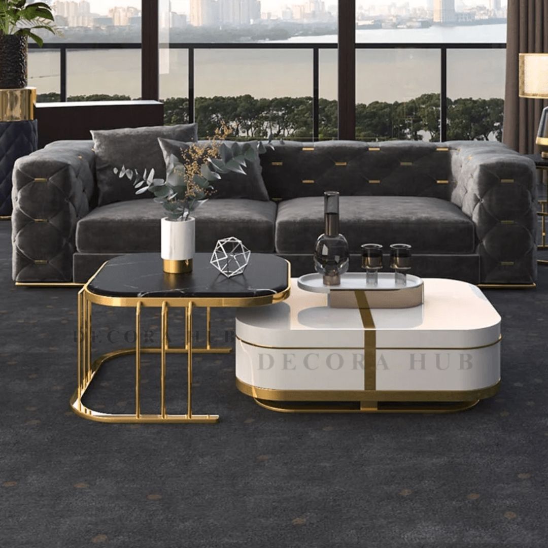 Luxury Black & White Nesting Center Table Set with Gold Frame