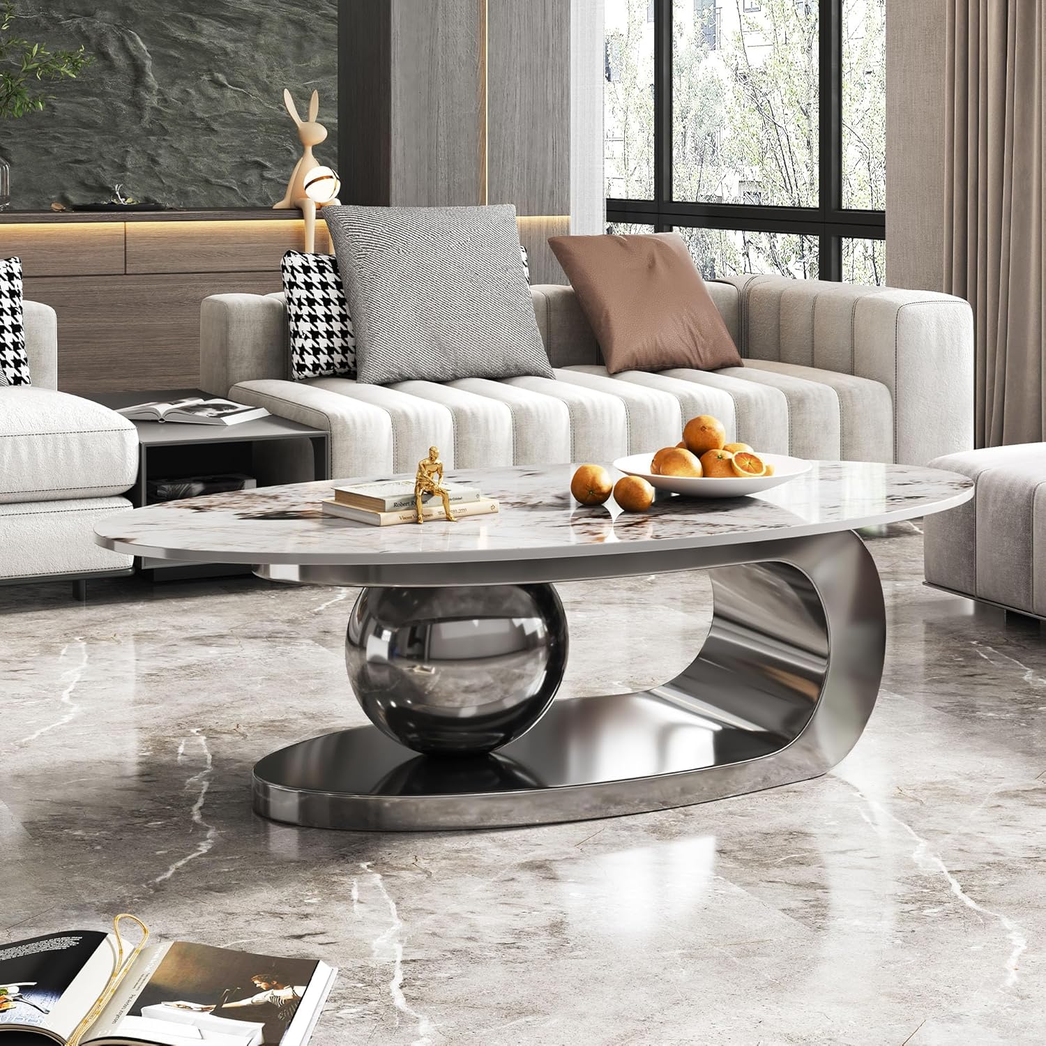 Luxury Oval Coffee Table featuring White Marble Top