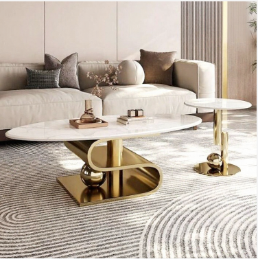 Luxury Oval White Marble Center Table with Golden S Shape Base