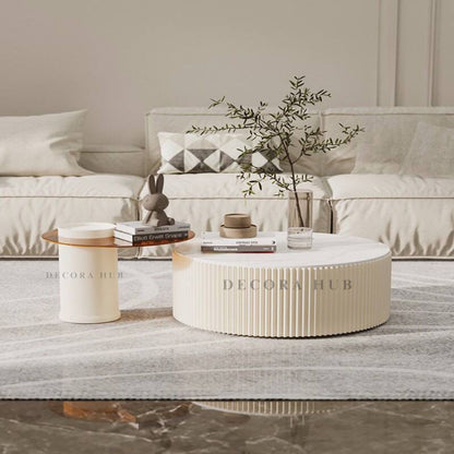 Luxury Round Nesting Center Table Set – White Fluted Design with Marble Top