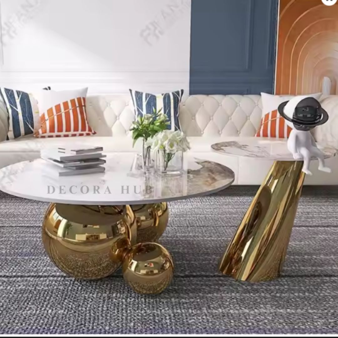 Luxury Round Nesting Center Table Set – White Marble Top with Golden SS304 PVD Base
