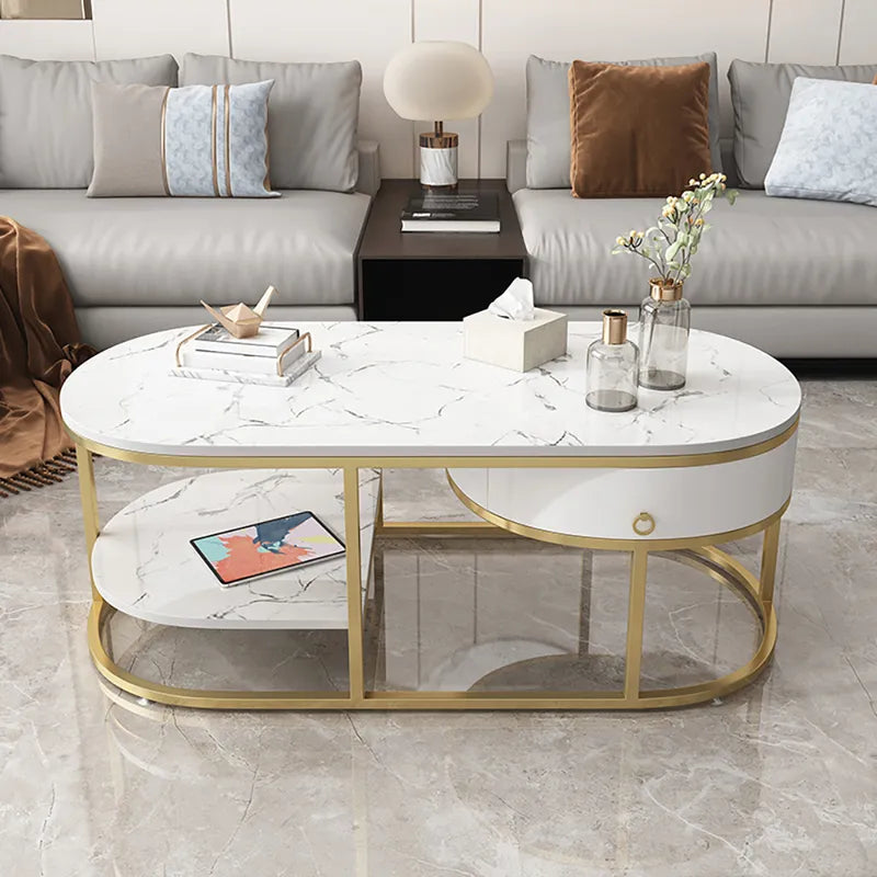 Luxury White & Gold Oval Coffee Table with Functional Drawer & Shelf