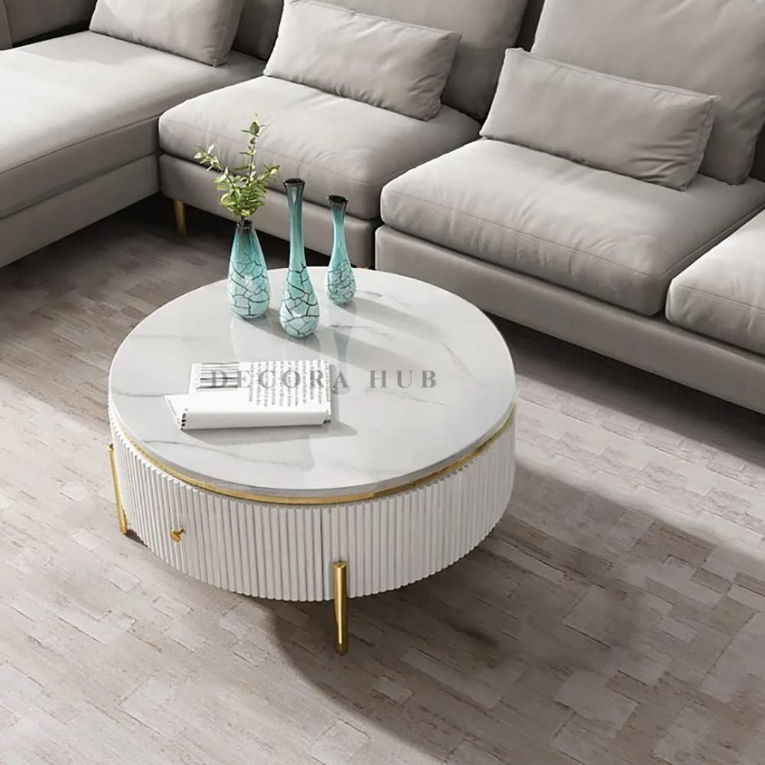 Luxury White & Gold Round Coffee Table
