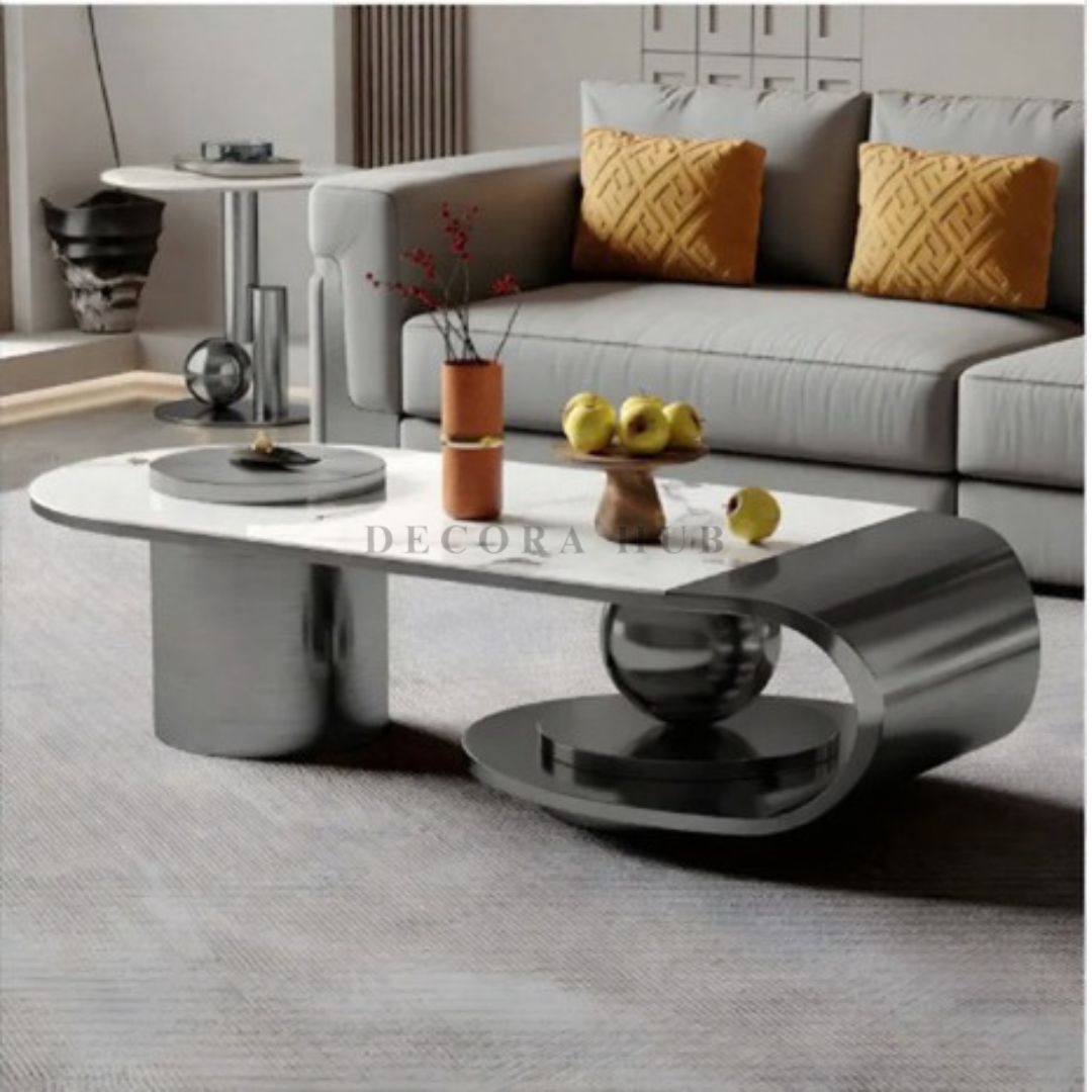Luxury White Marble Center Table with Black SS304 Stainless Steel Base