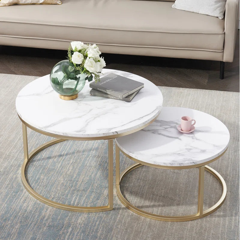 Luxury White Marble & Gold Nesting Coffee Table Set for Living Room