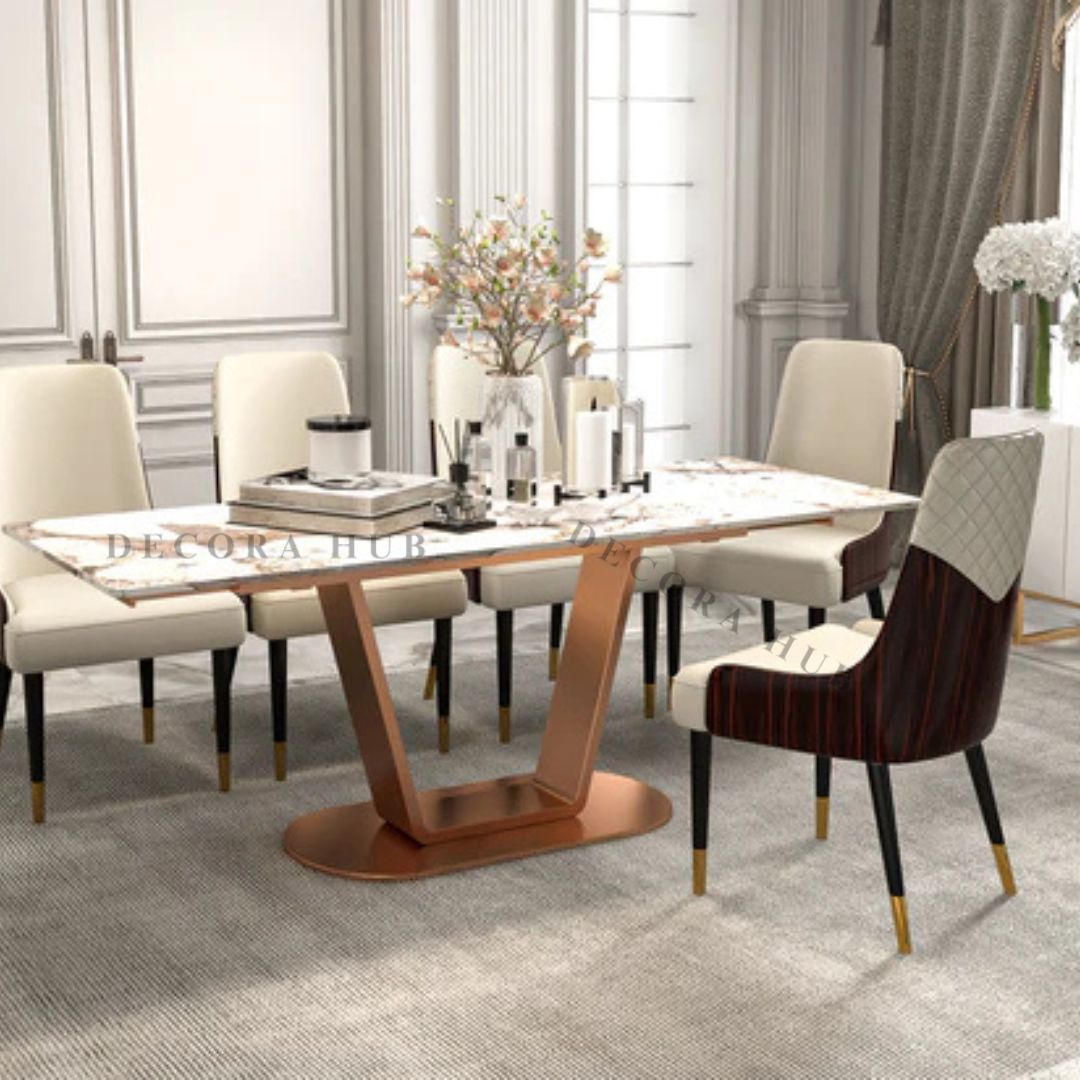 Luxury dining room table with glossy marble surface