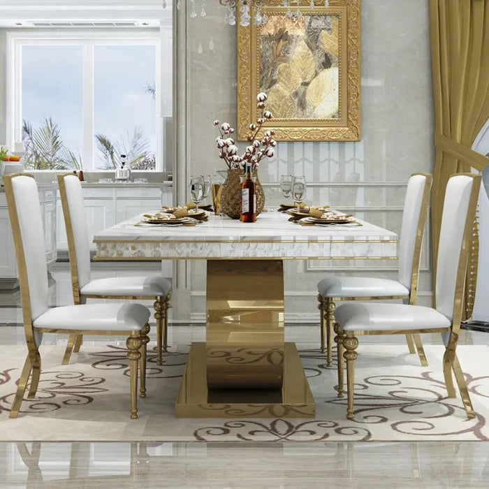 Luxury marble top dining table with glossy gold base 