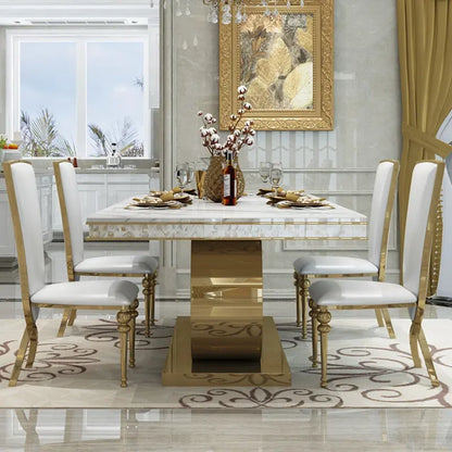 Luxury marble top dining table with glossy gold base 