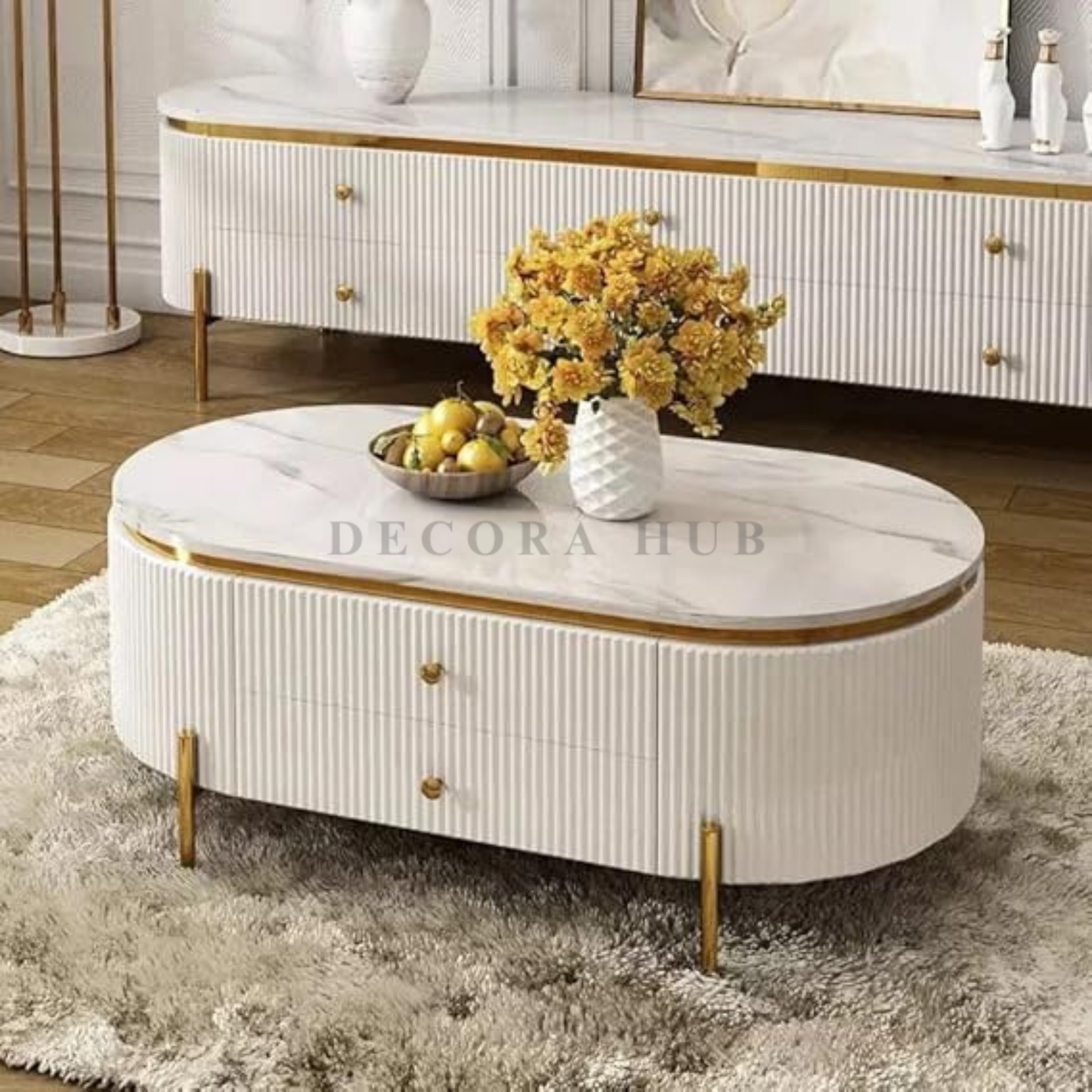 Marble Top With Wooden Body Oval Coffee Table